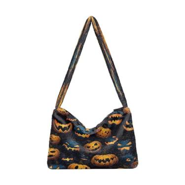 Imagem de Bolsa de pelúcia para axilas com folhas de outono, bolsas femininas, bolsas de livros para mulheres, Cara de lanternas de Halloween em preto - 3, One Size
