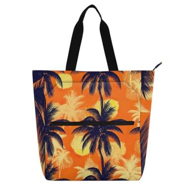 Imagem de GAIGEO Bolsa de praia com zíper médio, palmeira preta, laranja, amarela, para mulheres, crianças, escola, trabalho, livro, amante