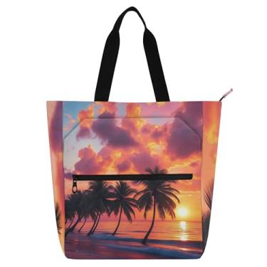 Imagem de Sacola feminina com cenário de praia pôr do sol para trabalho, lona, bolsa de tecido universitária, escola, professora, presente para amantes de livros