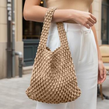 Imagem de Bolsa balde de malha para mulheres, bolsa de mão de crochê de corda de algodão, bolsa de praia para uso diário e passeios, Caqui