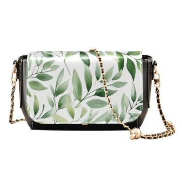 Imagem de Peônias rosa em bolsas de couro listradas transversais para mulheres, alça de bolsa ajustável, bolsa de ombro transversal de couro, Folhas verdes em aquarela branca-1, One Size