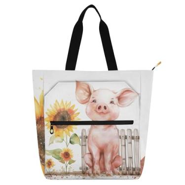 Imagem de GAIGEO Linda bolsa de trabalho de porco feliz para mulheres, bolsa de lona para livros de praia com zíper, utilitária, presente infantil para amantes de livros