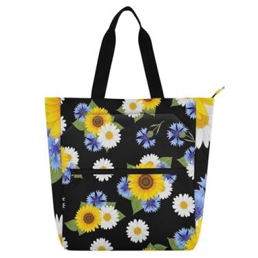 Imagem de GAIGEO Bolsa feminina de lona para escola de praia e girassóis reutilizável com compartimentos