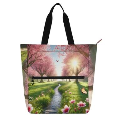 Imagem de GAIGEO Bolsas de trabalho femininas com flores de cerejeira de primavera, lona, praia, livros, zíper, tecido, presente, para amantes de livros