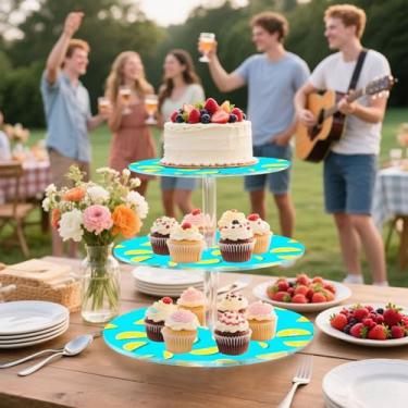 Imagem de Fatias amarelas de limão, azul turquesa, 3 camadas, suporte de cupcake para chá e festa de chá, suporte de acrílico para torre de bolo, bandejas de servir, mesa de doces, aniversário, casamento