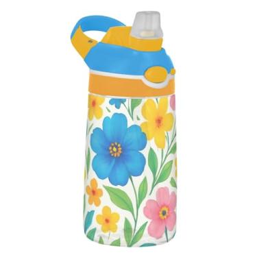 Imagem de Garrafa de água esportiva infantil azul floral colorida vibrante para escola, 473 ml, 473 ml, garrafa de água Tritan com canudo, copo infantil portátil à prova de vazamento, alça de transporte