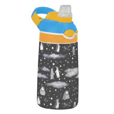 Imagem de Garrafa de água esportiva infantil de 473 ml com tampa de palha, garrafa de água Tritan de 473 ml, copo de água infantil reutilizável portátil, alça de transporte, estrelas de pinguins, nuvem negra