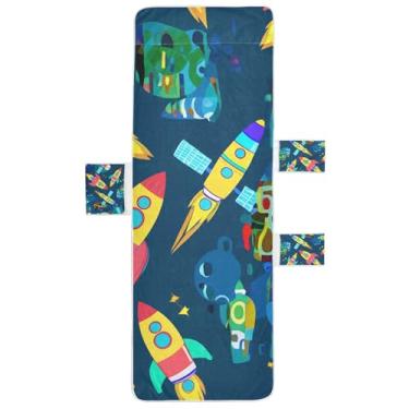 Imagem de Desenho animado colorido foguete azul espaço espreguiçadeira toalha de cadeira de praia capa toalha de cadeira de praia com bolso superior ajustado espreguiçadeira externa 215,9 cm x 76,2 cm