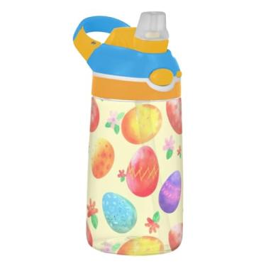 Imagem de Garrafa de água de 473 ml para crianças à prova de vazamento 473 ml Tritan Sports garrafa de água com canudo reutilizável portátil copo de viagem infantil, alça de transporte, ovos de Páscoa coloridos