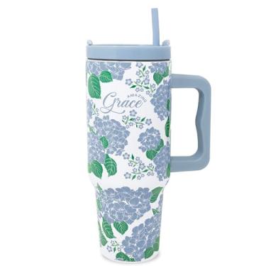 Imagem de Copo de aço inoxidável Steel Mill & Co 1,134 g com tampa e alça, garrafa de água de viagem isolada/térmica com citação Amazing Grace, copo grande (hortênsia)