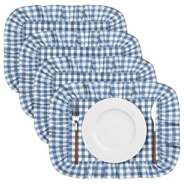 Imagem de Frienda Conjunto de 4 tapetes retangulares com babados, 35 x 43 cm, lavável na máquina, algodão, flores, para jantar, restaurante, cozinha, mesa, decoração de casa (azul claro, xadrez)
