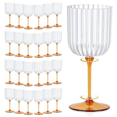 Imagem de 24 peças de taças de vinho com nervuras de plástico de 325 ml transparente e âmbar destacável cálice de vinho inquebrável vintage ondulado copos de água para coquetéis, festas, casamentos, piscina, ao
