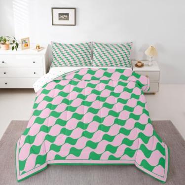 Imagem de Erosebridal Conjunto de edredom queen xadrez triangular, rosa, verde, quadriculado geométrico, jacquard, casa de fazenda, para crianças, meninos e mulheres