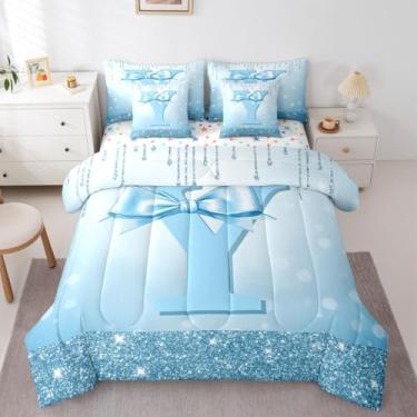 Imagem de Erosebridal Conjunto de edredom queen com laço azul fofo para meninas adolescentes | Cama em Y em uma bolsa, moderno, conjunto de cama de 7 peças, com laço de coquete, conjunto de edredom para