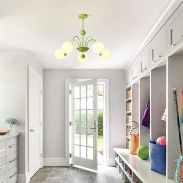 Imagem de Lustre Verde Fashion Lighting Meados do Século E27 Moderno Sputnik para Ilha de Cozinha, Luminária Pendente Criativa com 5 Lâmpadas em Formato de Bola de Vidro Branco para Sala de Jantar, Sa