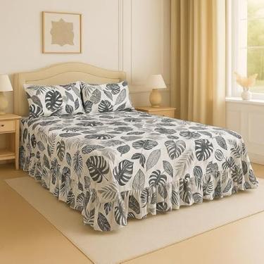 Imagem de Kit Lençol Queen 3 Peças Micropercal Toque de Algodão com Babado e Fronhas Premium (Branco- folhas preto e branco)