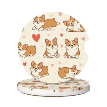 Imagem de FeHuew 2 peças de porta-copos de cerâmica de coração de cachorro Corgis fofo de desenho animado universal antiderrapante absorvente de dedo para bebidas, decoração de automóveis