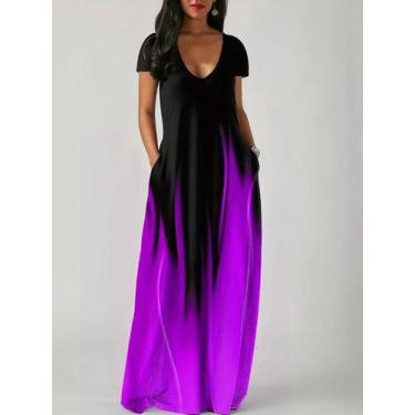 Imagem de Novo verão solto impressão casual vestido feminino bolso vestido longo