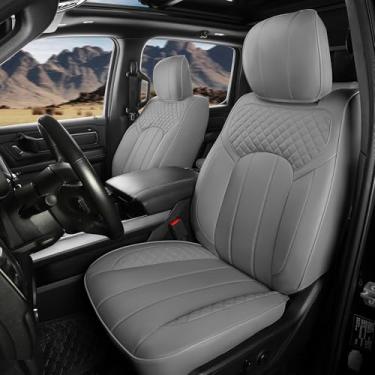 Imagem de FEINEPRO Capas de assento para Dodge Ram 1500 Crew Cab New Body 2014-2018, capa de assento de couro limitada Longhorn-Rebel-Laramie-Big Horn-Tradesman-TRX Capas de assento de caminhonete (cinza)