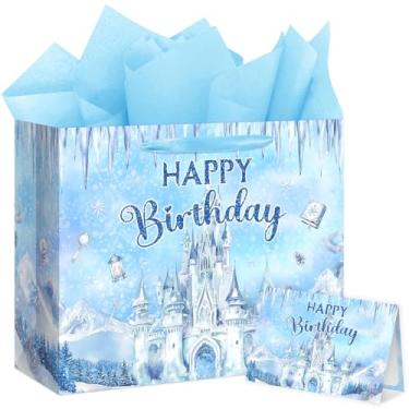 Imagem de Reyoust Bolsa de presente grande azul do país das maravilhas do inverno de 33 cm com papel de seda e cartão comemorativo com design de castelo de floco de neve, sacos de presente para meninas