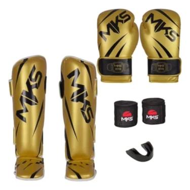Imagem de Kit Luva de Boxe + Caneleira Muay Thai Kickboxing + Bandagem + Protetor Bucal - Champions Dourado e Preto MKS Combat (LUVA 12oz + CANELEIRA P)