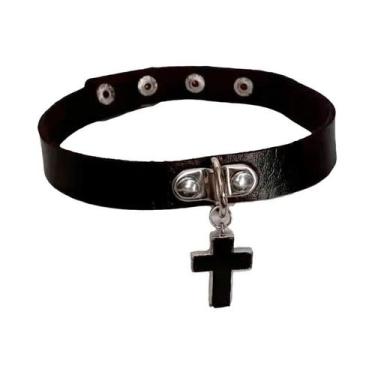 Imagem de Cruz preta gótico punk couro do plutônio gargantilha colares colar roc