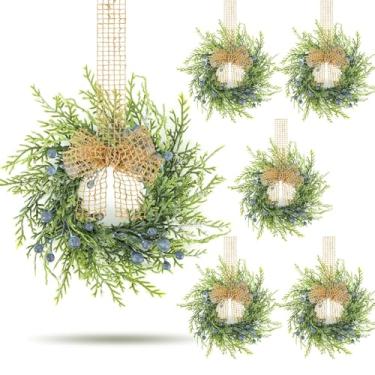 Imagem de 6 peças pequenas guirlanda de armário de bagas azuis de inverno, mini guirlandas de cozinha, guirlanda vintage com fita de serapilheira retrô para casa de fazenda, casa rústica, janela, pilar, cadeira