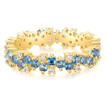 Imagem de SHINYSO Anel de noivado de eternidade arco-íris para mulheres colorido baguete corte princesa zircônia cúbica CZ empilhável anéis de compromisso tamanho 4-11, Metal, Água-marinha sintética