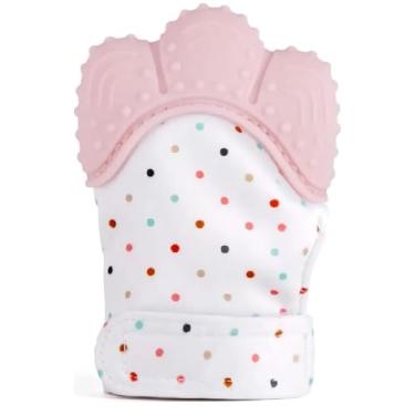 Imagem de Mordedor Luva de Silicone para Bebê, Rosa com Bolinhas Coloridas, Massageador de Gengiva, 10cm x 6.5cm