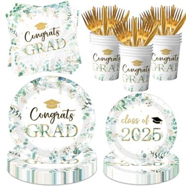 Imagem de GREHUMOR Decorações Para Festa De Formatura Com Folhagens 2025 Parabéns Aos Formandos Da Turma Pratos E Guardanapos Folhas Verdes Sálvia Copos Descartáveis Facas Garfos Faculdade Ensino Médio Suprim