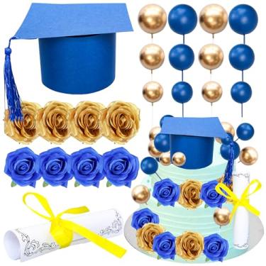 Imagem de Ephlyn Pacote com 40 topos de bolo de formatura 2025 turma de 2025 bolas de diploma flores parabéns decorações de bolo de graduação para ensino médio 2025 suprimentos de graduação sênior azul ouro