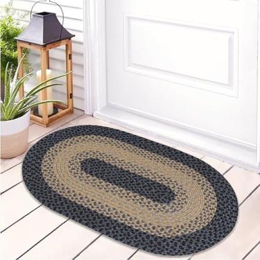 Imagem de RCTJHOME Tapete trançado oval de 6 cm x 7 cm com fitas antiderrapantes, tapete de entrada impermeável de polipropileno, tapetes internos/externos para porta da frente/traseira, tapetes laváveis para