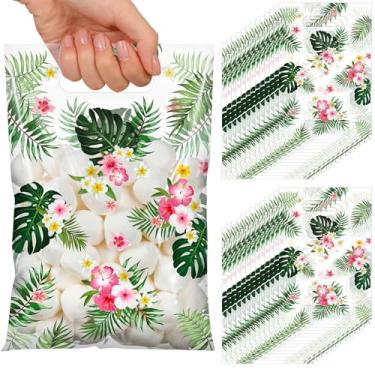 Imagem de Pajean 50 peças de sacos de lembrancinhas de festa de luau do Havaí - Tropical Aloha folha de palmeira hibisco celofane doces sacos de biscoito com alças para presente de festival havaiano de verão