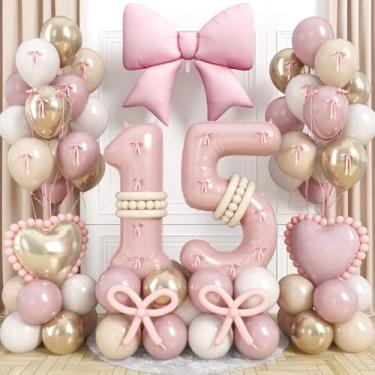 Imagem de Pink Number 15 Balloon 40 Inch, Dusty Blush Pink Gold White Sand Latex Balloons Large 15 Digital Bow Heart Foil Balloon with ribbon bow for Girls Women Boho 15th Birthday Anniversary Party Decoration