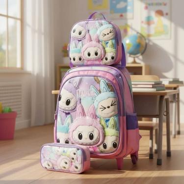 Imagem de Mochila Rodinha impermeável + lancheira térmica + estojo - Labubu 3D