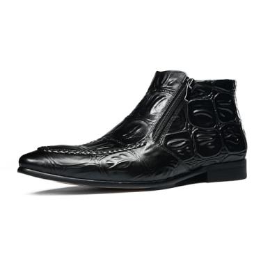Imagem de Botas masculinas de couro genuíno com relevo crocodilo com zíperes duplos, bico fino, sem cadarço, para negócios, eventos formais e uso diário no escritório, Preto, 40 BR