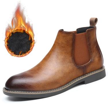 Imagem de Chelsea Botas masculinas casuais confortáveis sem cadarço, cano baixo, bico redondo, couro PU, elegante, cano alto, sapatos de trabalho, Pele marrom, 40