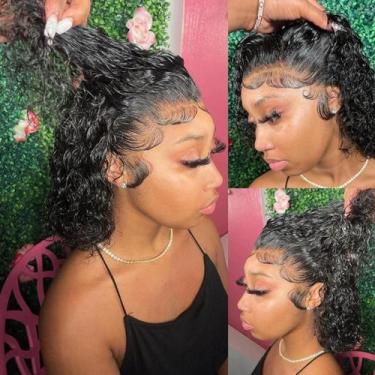 Imagem de Peruca Curta Cacheada Kinky Com Parte Em T, Renda Frontal Pré-Pluckada