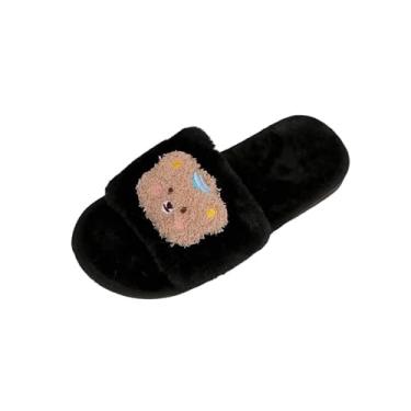 Imagem de Pantufas femininas casuais de bico aberto plus size com tema de urso quente outono inverno, Preto, 38