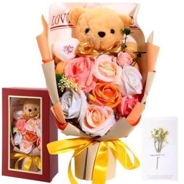 Imagem de PullCrease Buquê de flores com urso, buquê de flores artificiais, caixa de presente com urso de pelúcia, cartão de felicitações para mulheres, mãe, esposa, Dia dos Namorados, aniversário, aniversário