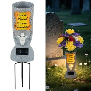 Imagem de Memobloom Vaso de túmulo solar de cemitério: 1 vaso de anjo de LED com ponta para flores artificiais de cemitério - decorações de túmulo ao ar livre - presentes de memorial