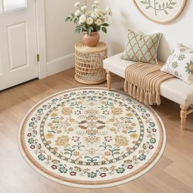 Imagem de UERMEI Tapete redondo de 1,2 m para sala de estar, 10 x 10 cm, lavável, vintage, floral, grande, macio, antiderrapante, tapete fino, para quarto, sala de jantar, sala de jogos, escritório, decoração