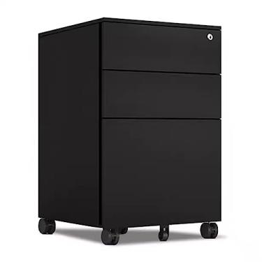 Imagem de KEG801302 Armário de gaveta móvel sob a mesa, três gavetas lateral armário de arquivo de metal com trava, cômoda de ferro branco/preto para escritório em casa (preto, 39 x 45 x 60 cm)