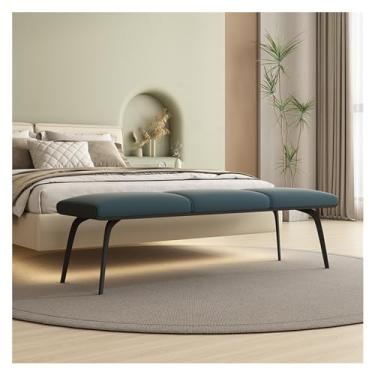Imagem de Banco moderno de couro para quarto, banco estofado na extremidade da cama com assento acolchoado e pernas de metal, apoio para os pés moderno para entrada de sala de estar, quarto decorativo (azul)