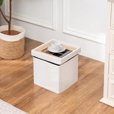 Imagem de Asense Banqueta de armazenamento pequena, dobrável com tampa de bandeja reversível, banqueta quadrada para descanso de pés com assento acolchoado, para sala de estar e quarto, 29 x 29 x 29 cm, branco