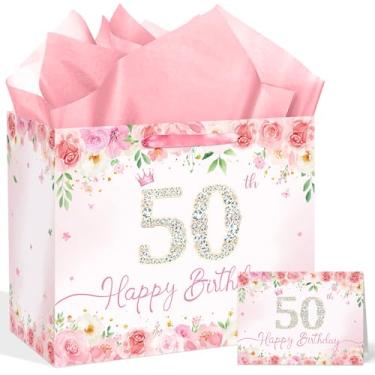 Imagem de QISOLIY Bolsa de presente de aniversário de 50 anos floral rosa para mulheres e meninas, elegante bolsa de feliz aniversário com papel de seda e cartão comemorativo, bolsa de presente rosa