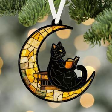 Imagem de Enfeites decorativos de acrílico para pendurar em gato preto para árvore de Natal, presentes de livros para amantes de livros