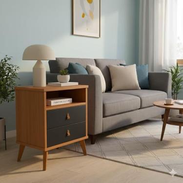 Imagem de Mesa de Cabeceira Para Quarto Roma Bide 2 Gavetas Puxador em Couro Pés Palitos Retrô (Cedro/Preto)