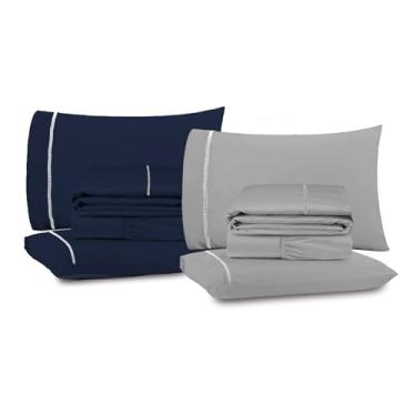 Imagem de Kit 2 Jogos de Lençol Queen Premium 4 Peças, Toque Macio, Ponto Palito, 400 Fios Casa Dona Azul e Cinza