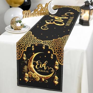 Imagem de Caminho de mesa Ramadan Mubarak, caminho de mesa preto com padrão de estrela de lua dourada, decorações de jantar de cozinha sazonais para casa, suprimentos de decoração de festa feliz islâmico, 182 x